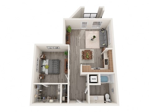 A top-down view of a small apartment with a living room, kitchen, and bathroom.
